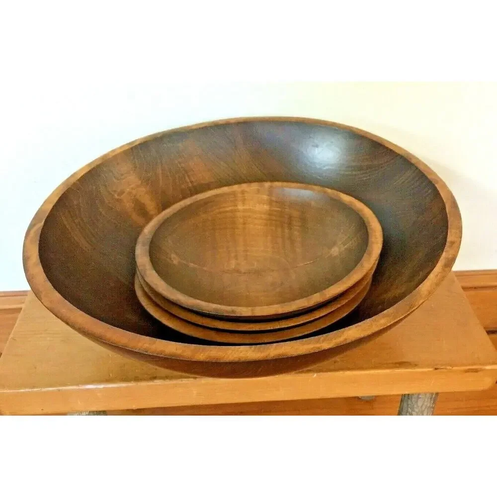 Set 4 Vtg Mid Century Hardwood International Paper Stamped Wooden Salad Bowl Set